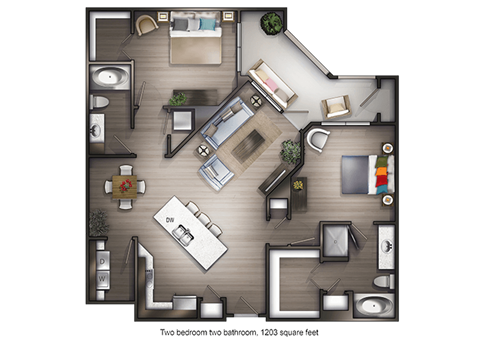 Floor plan for 2 beds, 2 baths, 1203 sqft